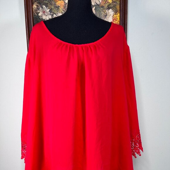 Unique Spectrum Blouse Top Women's 3X Boat Neck 3/4 Sleeve Red Lace Hem Casual - Picture 4 of 13